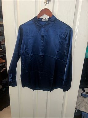 Women's Satin Navy Button-Down Blouse by CAbi